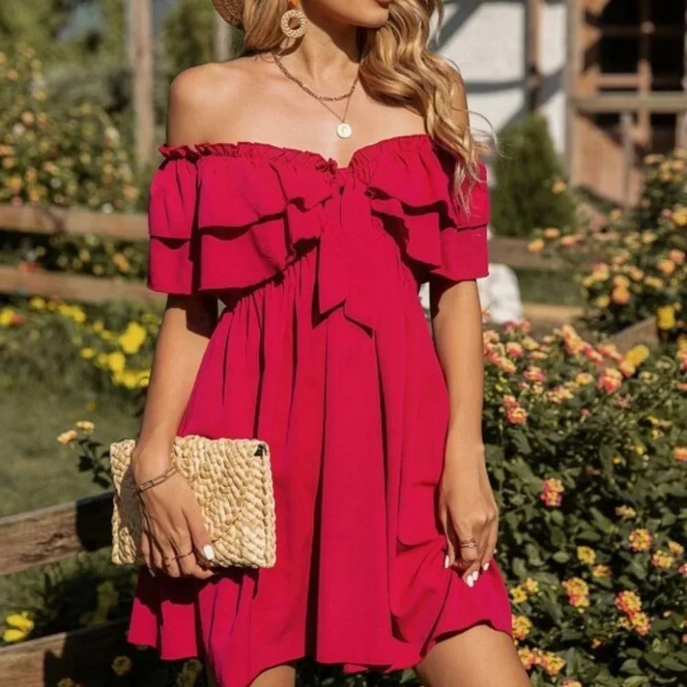 Red Frill Knot Front Ruffle Hem Off Shoulder Dress - Picture 4 of 6